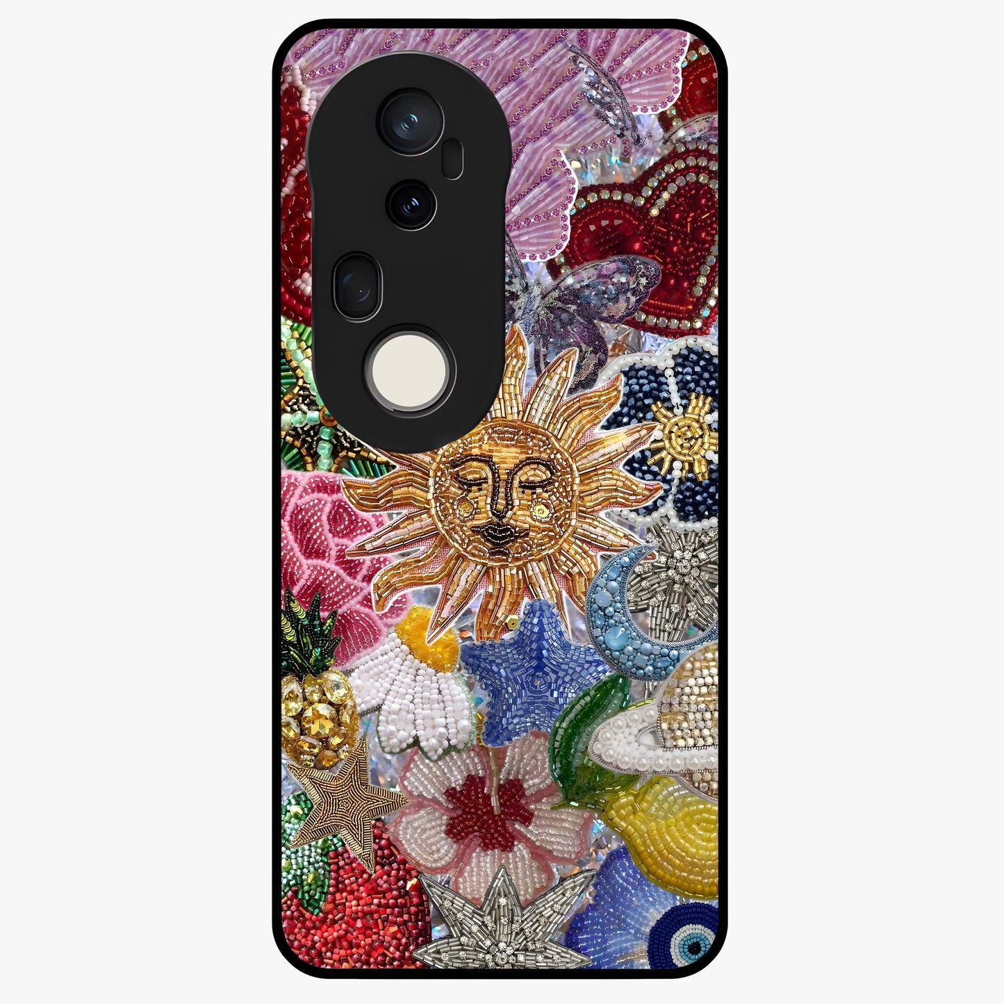 Celestial Floral and Playful Glass Case showing flat back view with floral and celestial themed artwork and glossy glass finish.