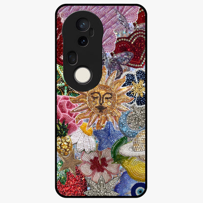 Celestial Floral and Playful Glass Case showing flat back view with floral and celestial themed artwork and glossy glass finish.
