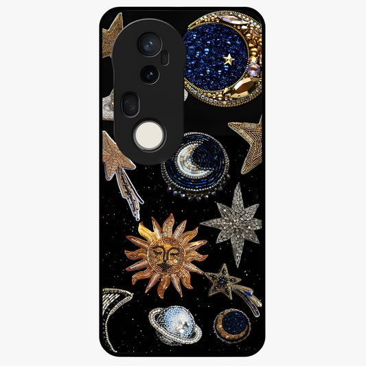 Celestial Gem Constellations Glass Case showing flat back view with sparkling constellation artwork and glossy glass finish.