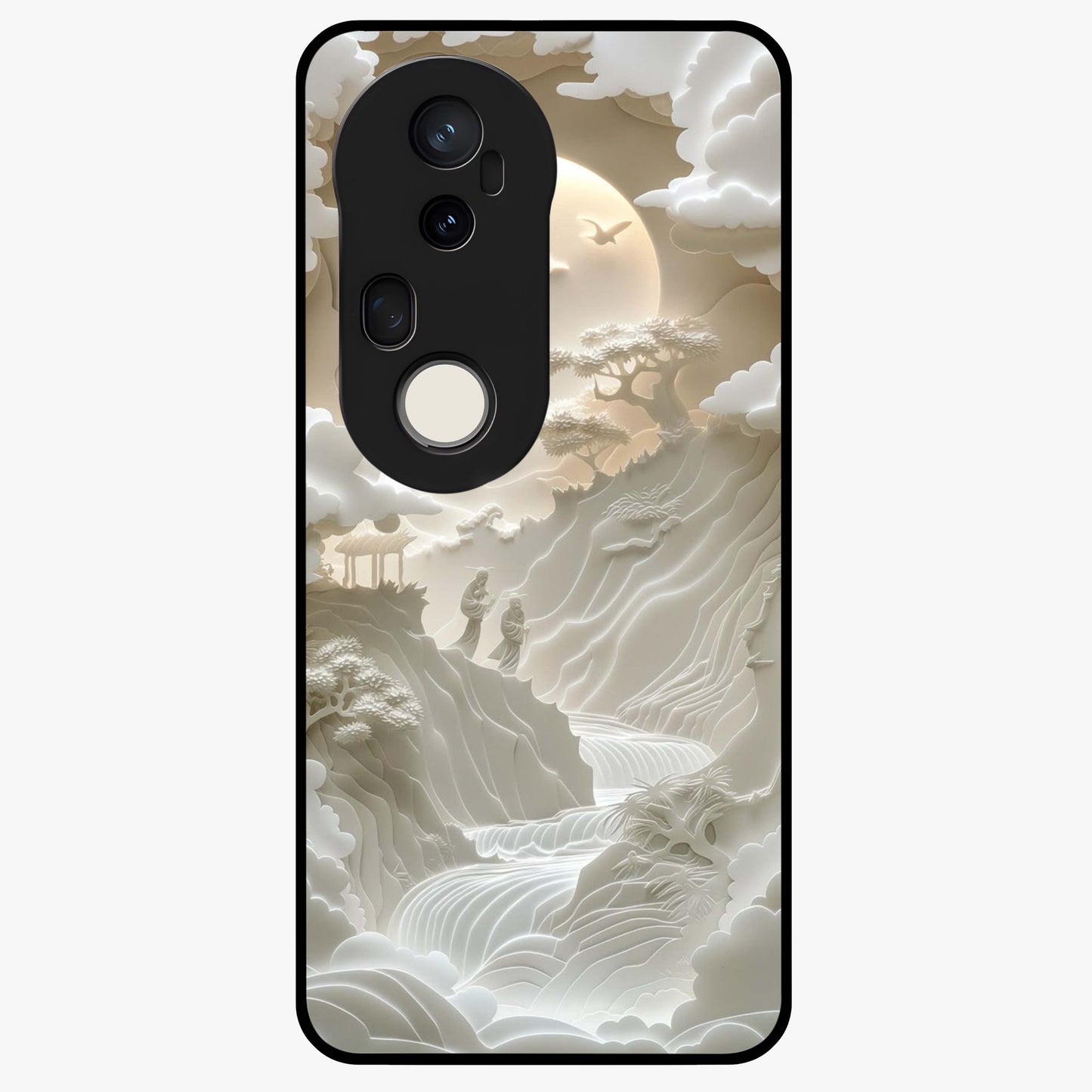 Celestial Origami Glass Case showing flat back view with artistic origami inspired celestial artwork and glossy glass finish.