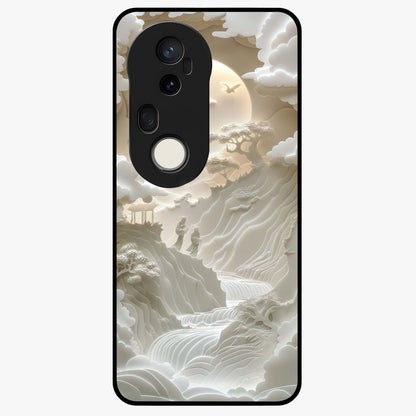 Celestial Origami Glass Case showing flat back view with artistic origami inspired celestial artwork and glossy glass finish.