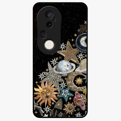 Cosmic Sparkle Dreams Glass Case showing flat back view with sparkling cosmic artwork and glossy glass finish.