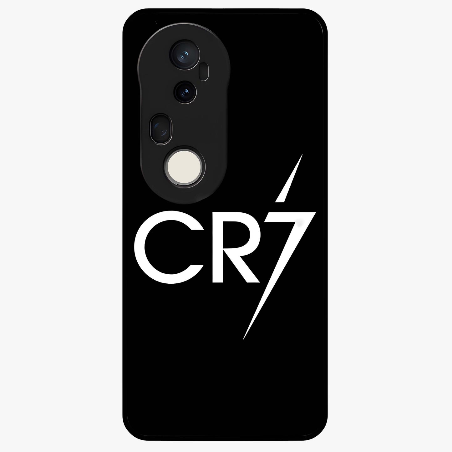 Cr7 Elite Strike Glass Case showing flat back view with dynamic football inspired artwork and glossy glass finish.