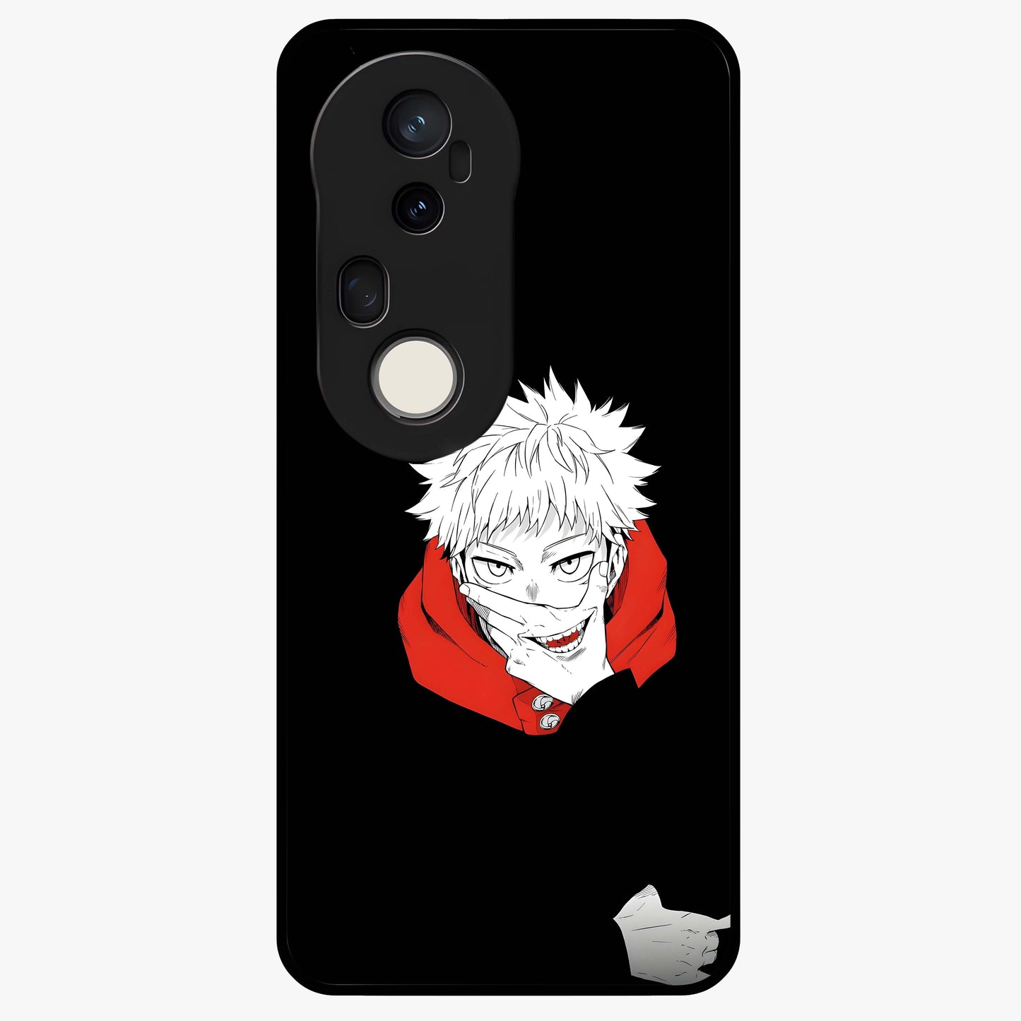 Crimson Chaos Smile Glass Case showing flat back view with bold chaotic smile artwork and glossy glass finish.