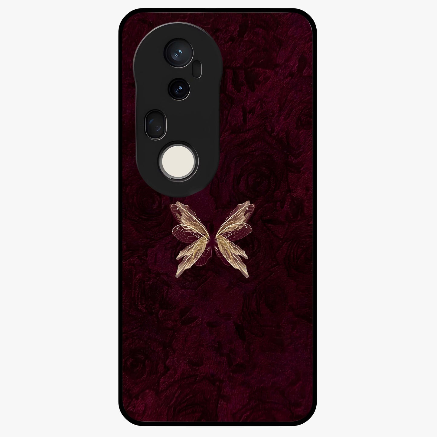 Crimson Fade Butterfly Glass Case showing flat back view with fading butterfly artwork and glossy glass finish.