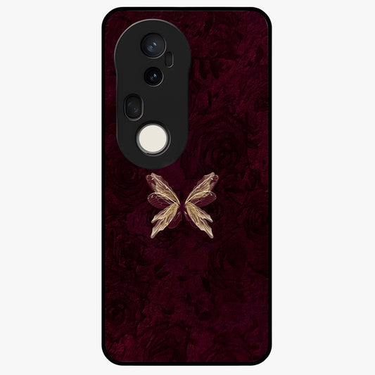Crimson Fade Butterfly Glass Case showing flat back view with fading butterfly artwork and glossy glass finish.