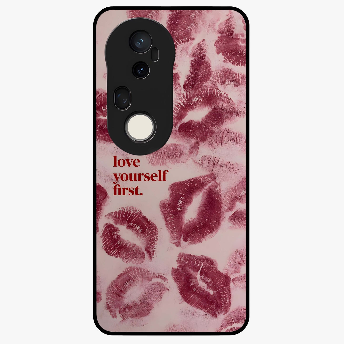 Crimson Kiss Love Glass Case showing flat back view with romantic crimson themed artwork and glossy glass finish.