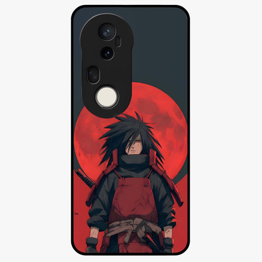 Crimson Moon Warlord Glass Case showing flat back view with mystical moon warrior artwork and glossy glass finish.