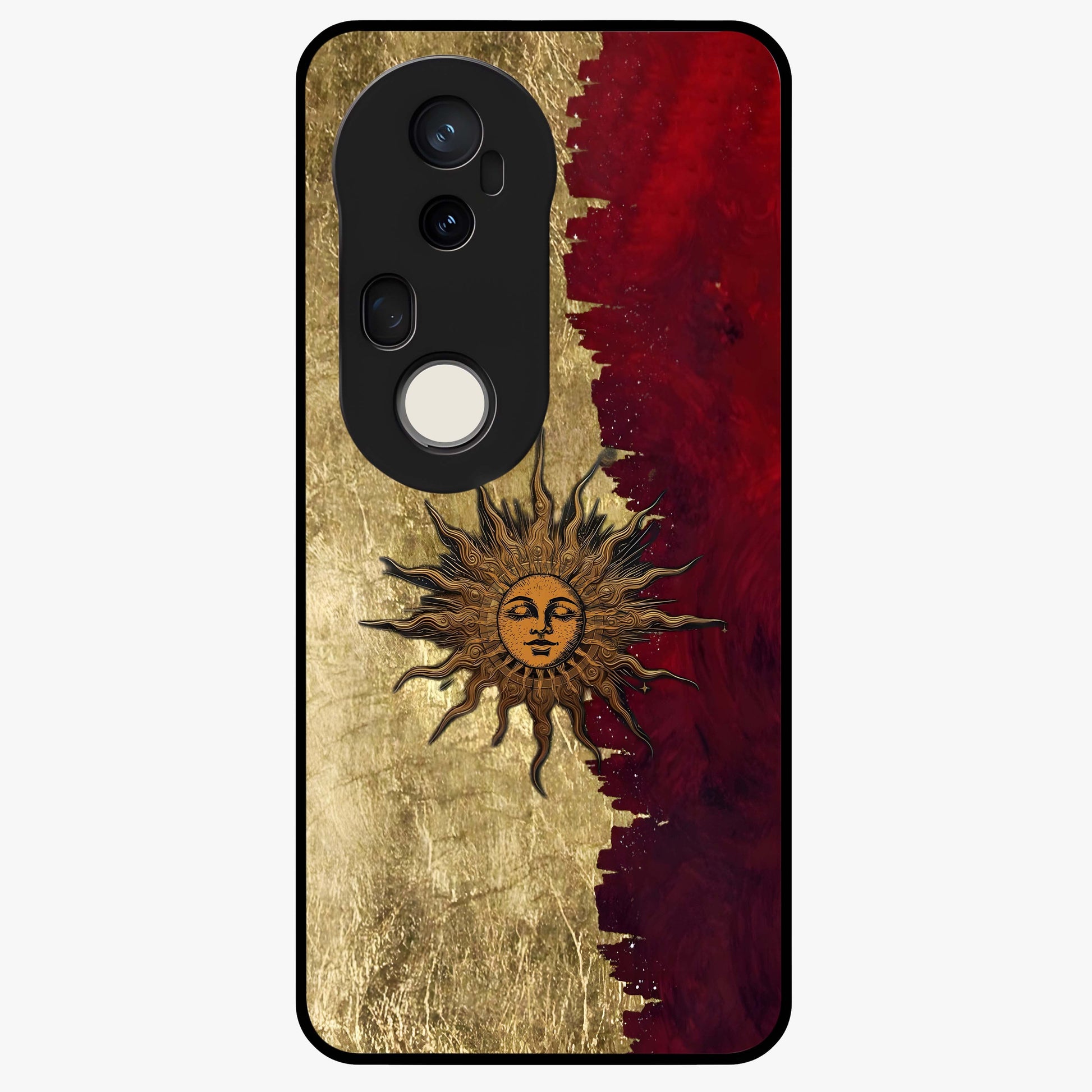 Crimson Sun Majesty Glass Case showing flat back view with radiant sun inspired artwork and glossy glass finish.