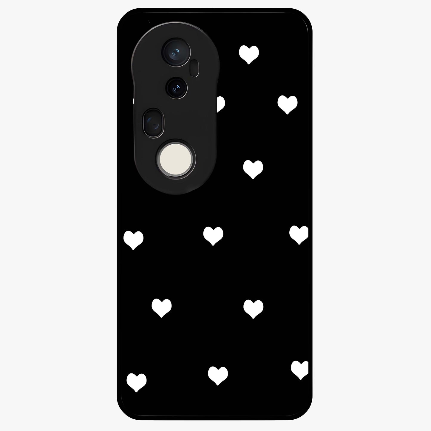 Cute And Simple White Hearts Glass Case showing flat back view with minimal white heart pattern and glossy glass finish.