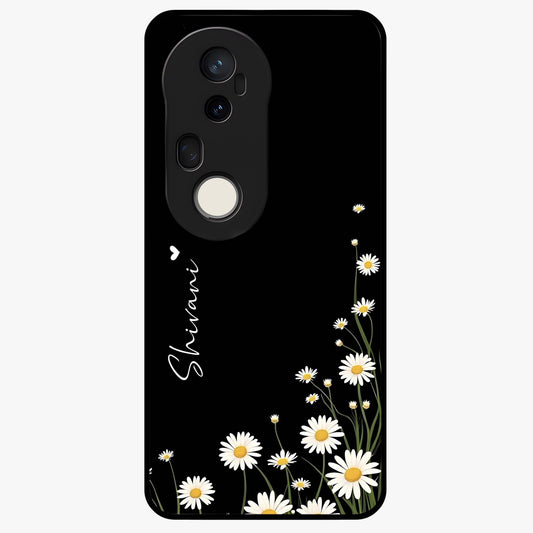 Daisy Cascade Custom Name Glass Case showing flat back view with cascading daisy flowers and personalized name design.