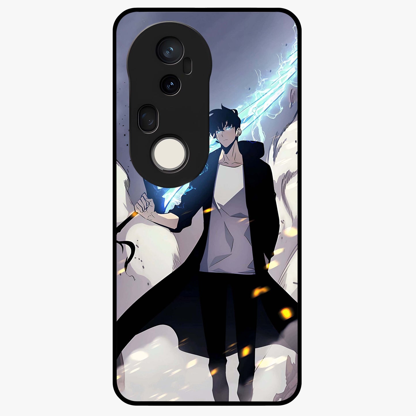 Dark Lightning Anime Warrior Glass Case showing flat back view with intense anime warrior artwork and glossy glass finish.