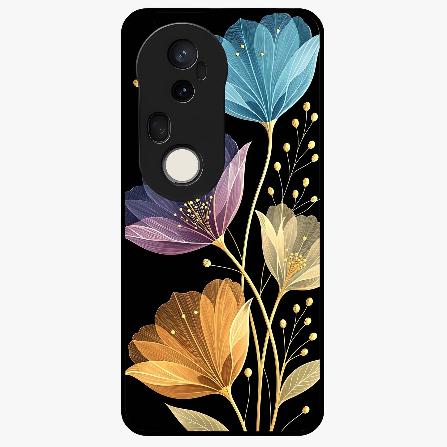 Delicate Multicolor Flowers Glass Case showing flat back view with vibrant floral artwork and glossy glass finish.