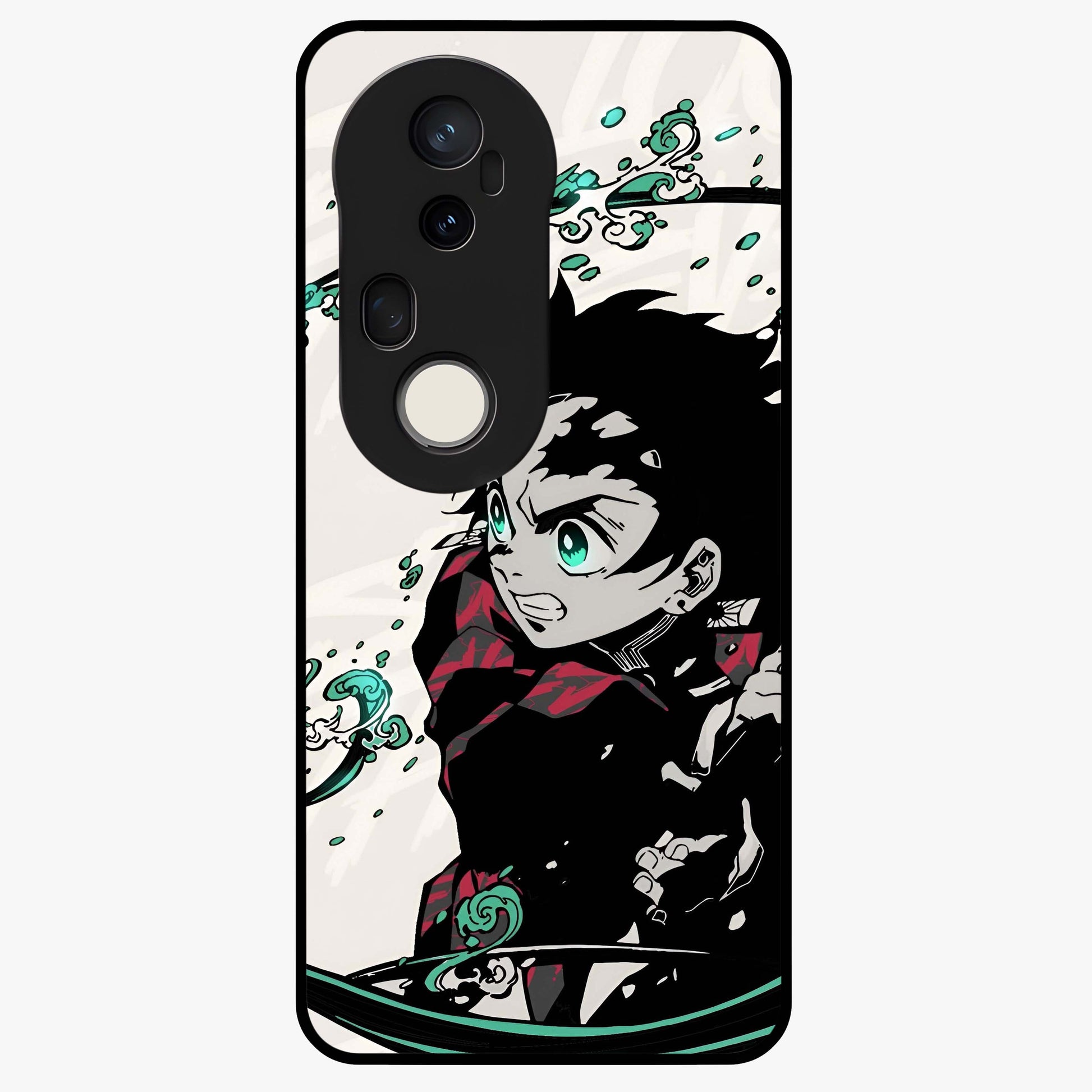 Demon Slayer Glass Case showing flat back view with bold anime inspired artwork and glossy glass finish.