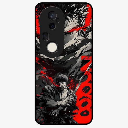 Demon Sword Resolve Glass Case showing flat back view with fierce sword warrior artwork and glossy glass finish.