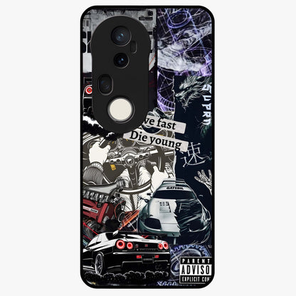 Die Young Glass Case showing flat back view with bold artistic typography design and glossy glass finish.
