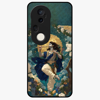 Divine Krishna Art Glass Case showing flat back view with Lord Krishna artwork and glossy glass finish.