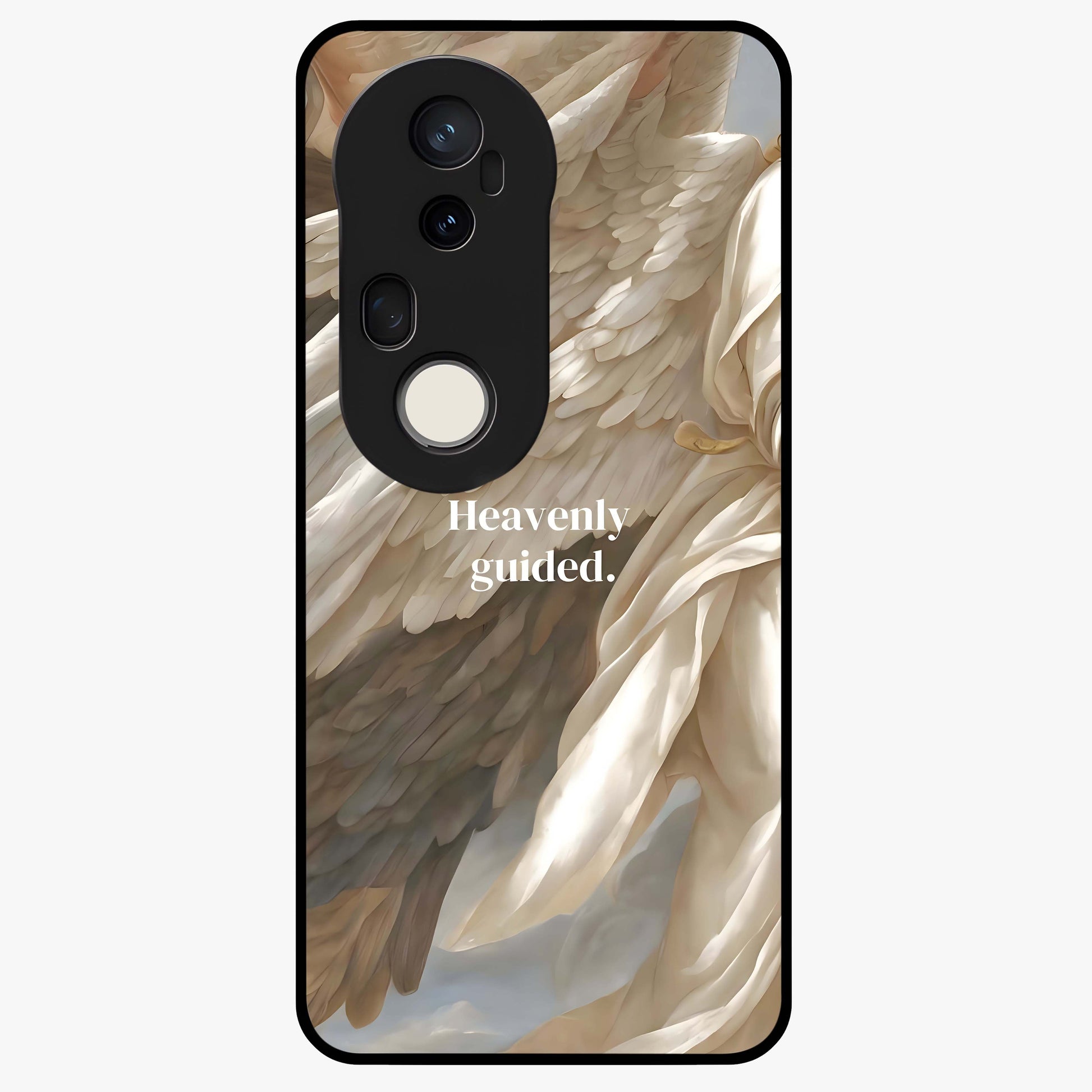 Divine Winged Grace Glass Case showing flat back view with elegant wing inspired artwork and glossy glass finish.
