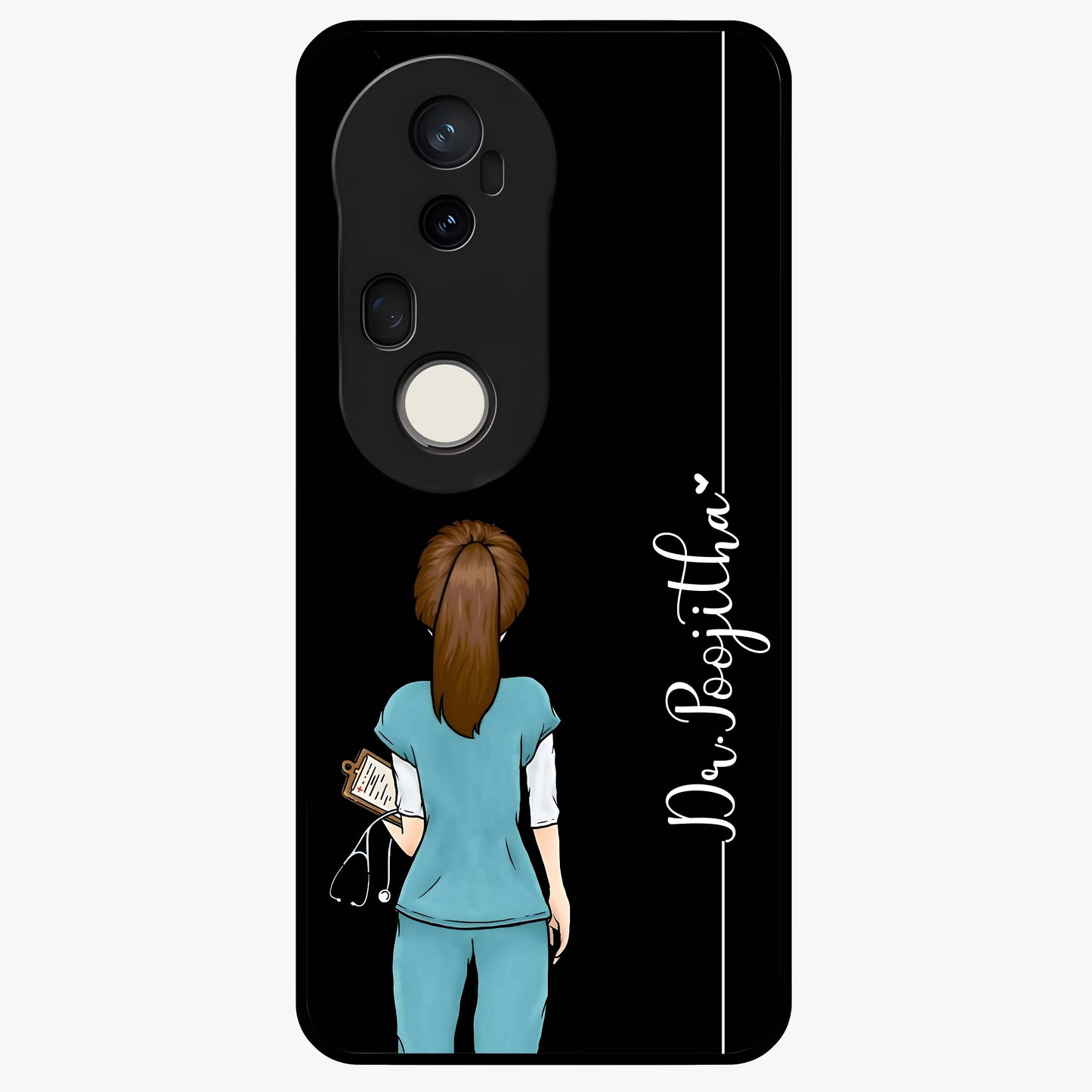 Doctor Pattern Custom Name Glass Case showing flat back view with medical themed pattern and personalized name design.