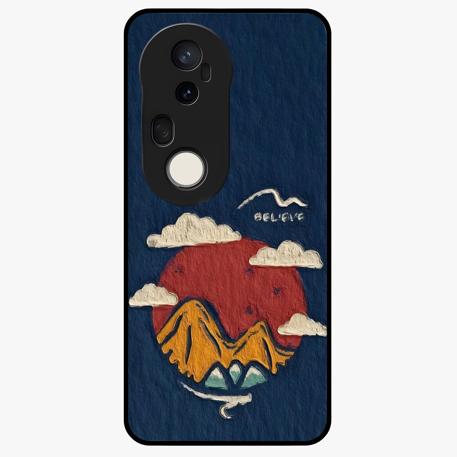 Dream Beyond Mountains Glass Case showing flat back view with scenic mountain landscape artwork and glossy glass finish.