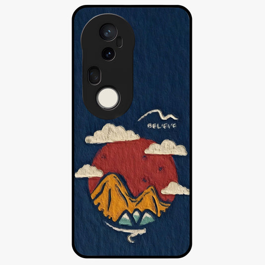 Dream Beyond Mountains Glass Case showing flat back view with scenic mountain landscape artwork and glossy glass finish.