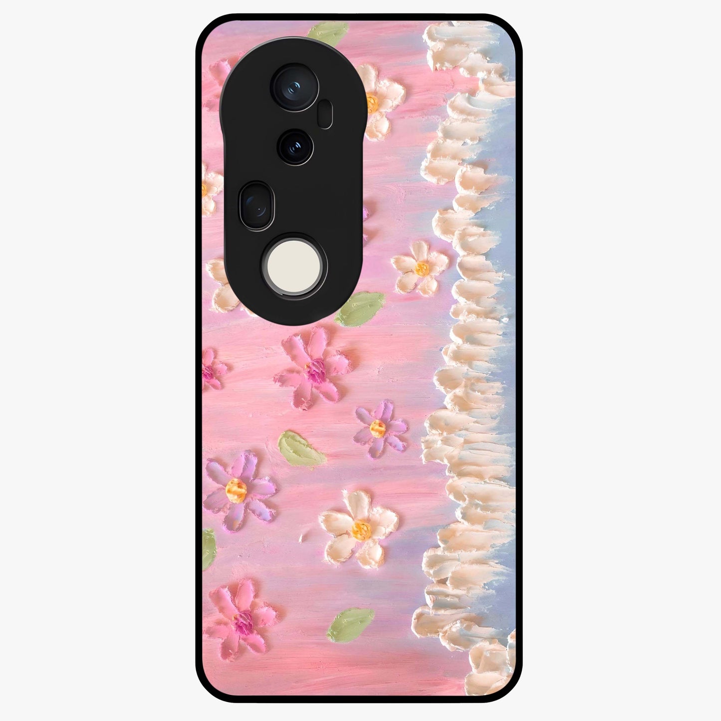 Dreamy Painted Garden Glass Case showing flat back view with artistic painted floral garden artwork and glossy glass finish.