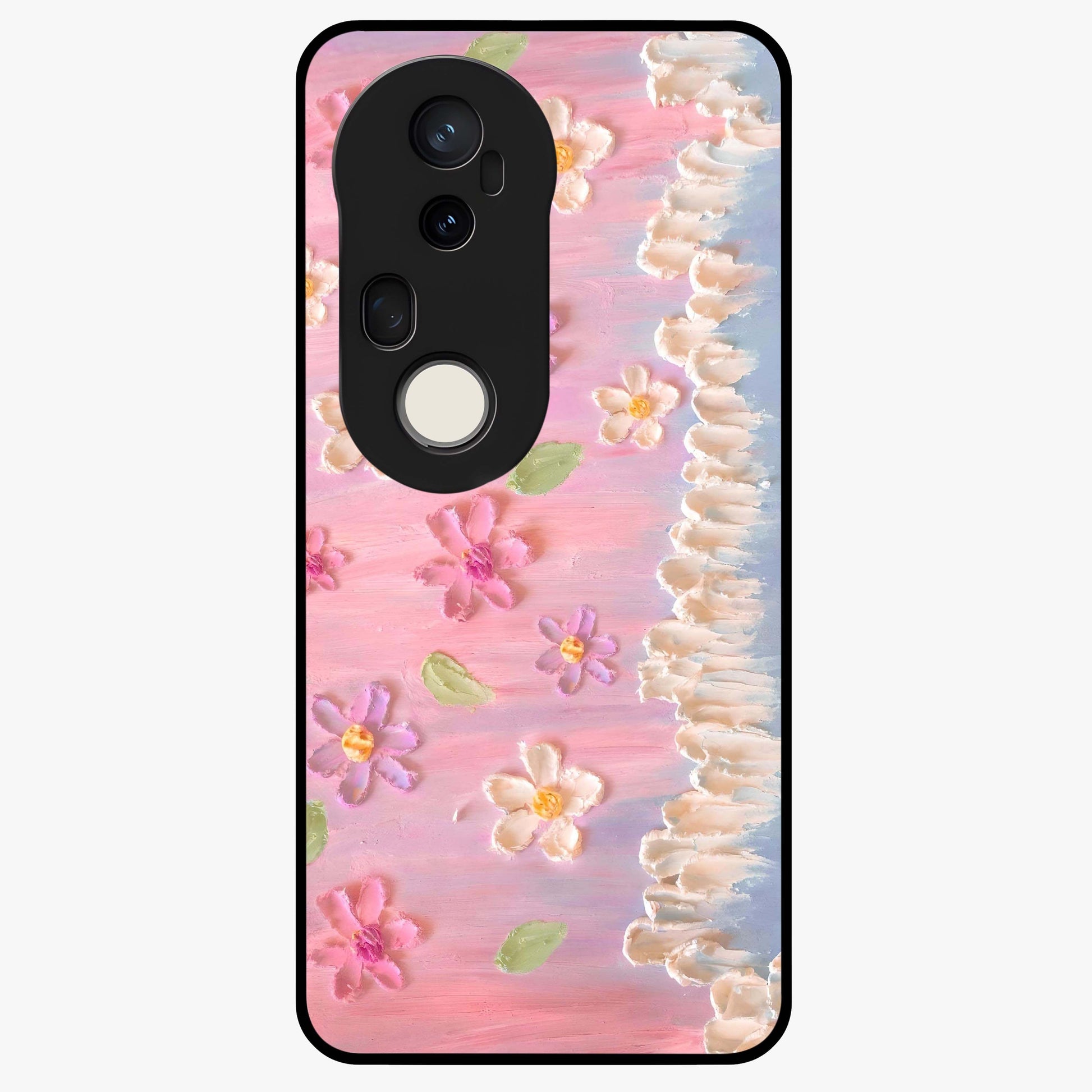 Dreamy Painted Garden Glass Case showing flat back view with artistic painted floral garden artwork and glossy glass finish.