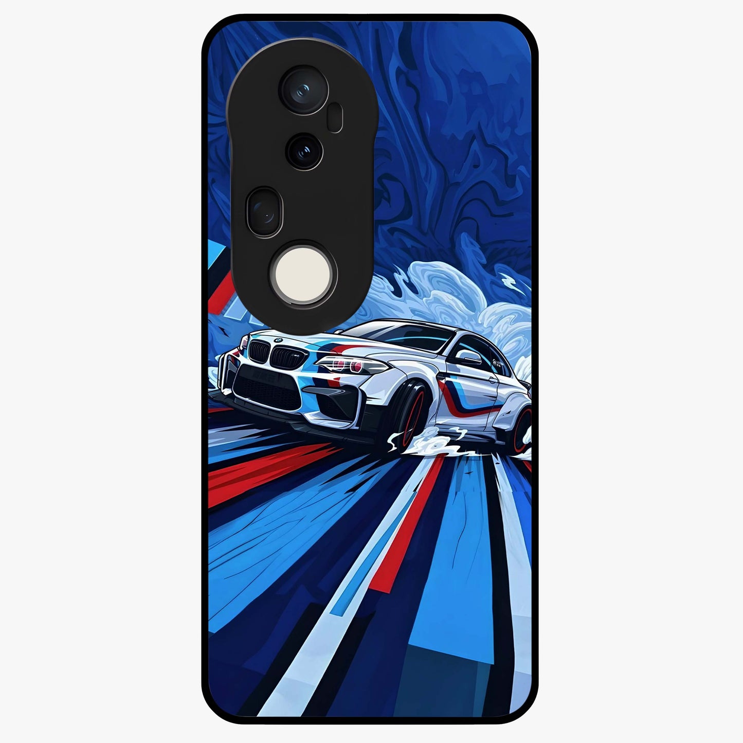Drift Power Rush Glass Case showing flat back view with dynamic racing inspired artwork and glossy glass finish.