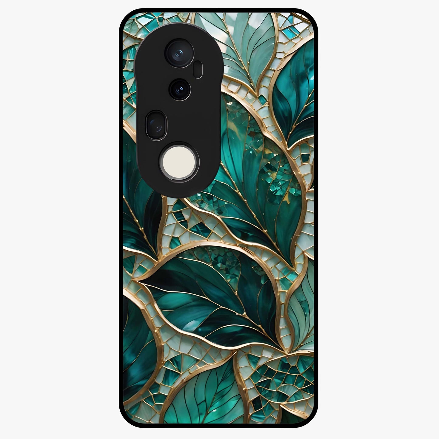 Emerald Leaf Glass Glass Case showing flat back view with emerald green leaf artwork and glossy glass finish.