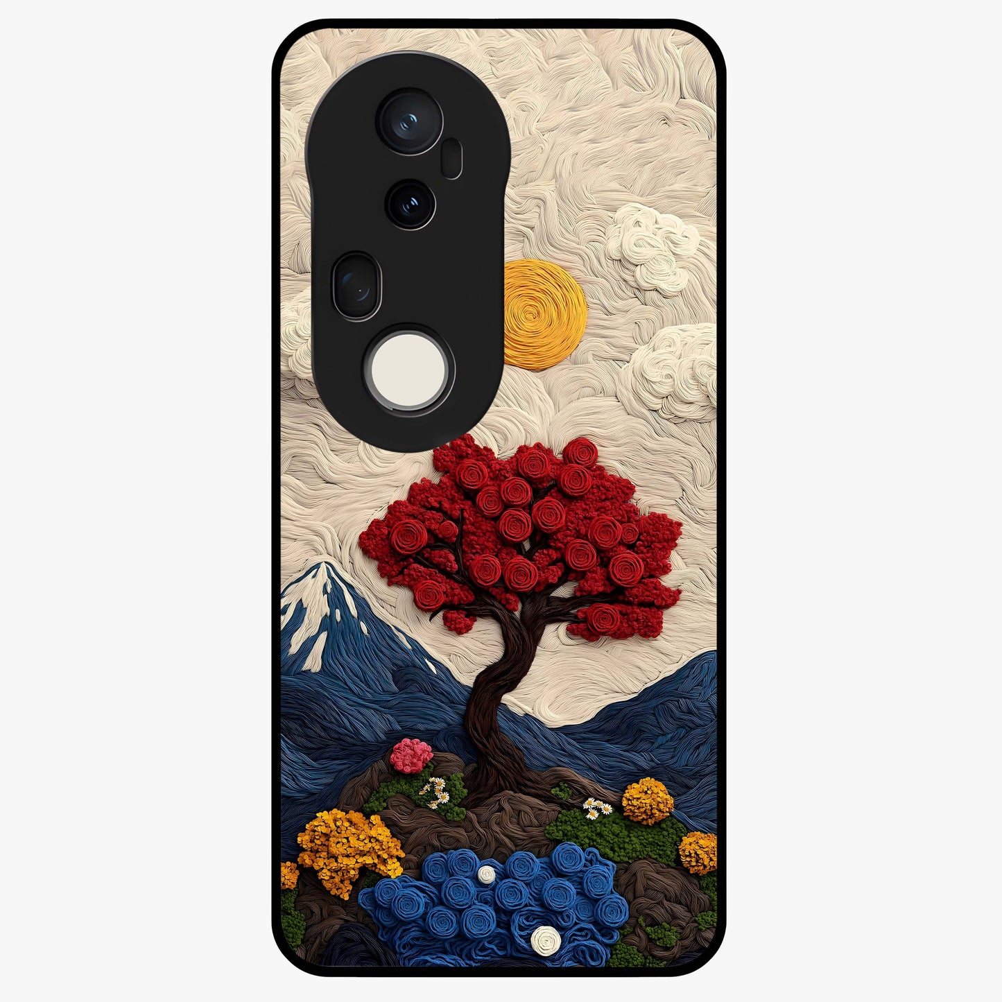 Eternal Nature Tapestry Glass Case showing flat back view with intricate nature tapestry artwork and glossy glass finish.