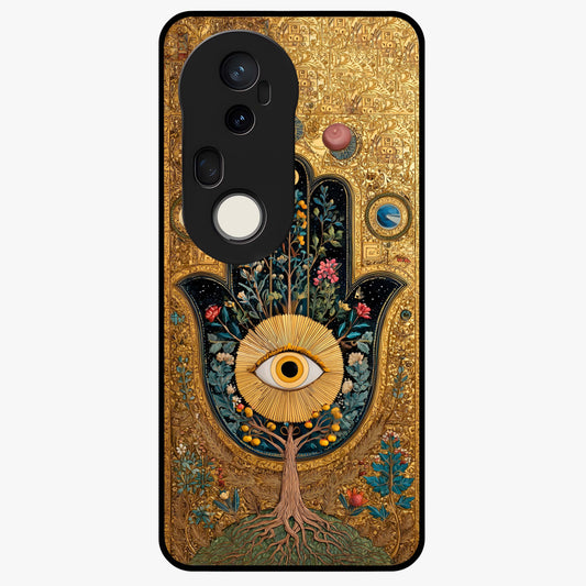 Ethereal Evil Eye Glass Case showing flat back view with mystical evil eye artwork and glossy glass finish.