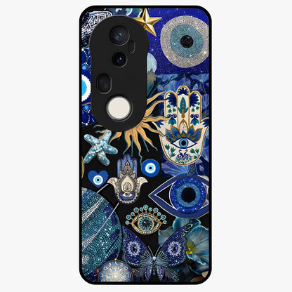 Evil Eye Charm Mix Glass Case showing flat back view with multiple evil eye charms artwork and glossy glass finish.
