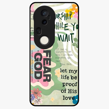 Faith Over Fear Glass Case showing flat back view with motivational typography artwork and glossy glass finish.