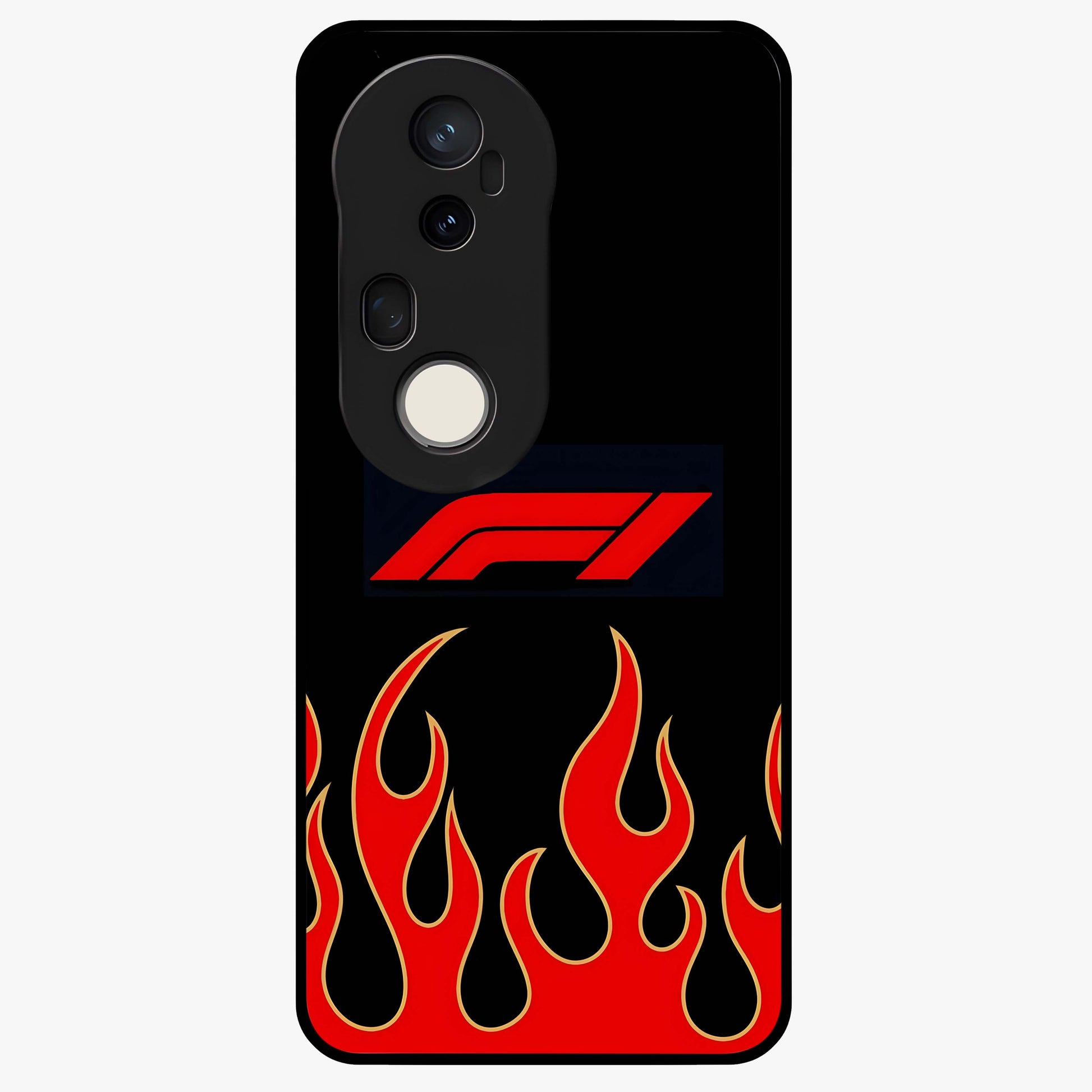 Fire F11 Glass Case showing flat back view with fiery themed artwork and glossy glass finish.