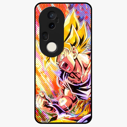 Firing Goku Glass Case showing flat back view with powerful anime inspired artwork and glossy glass finish.