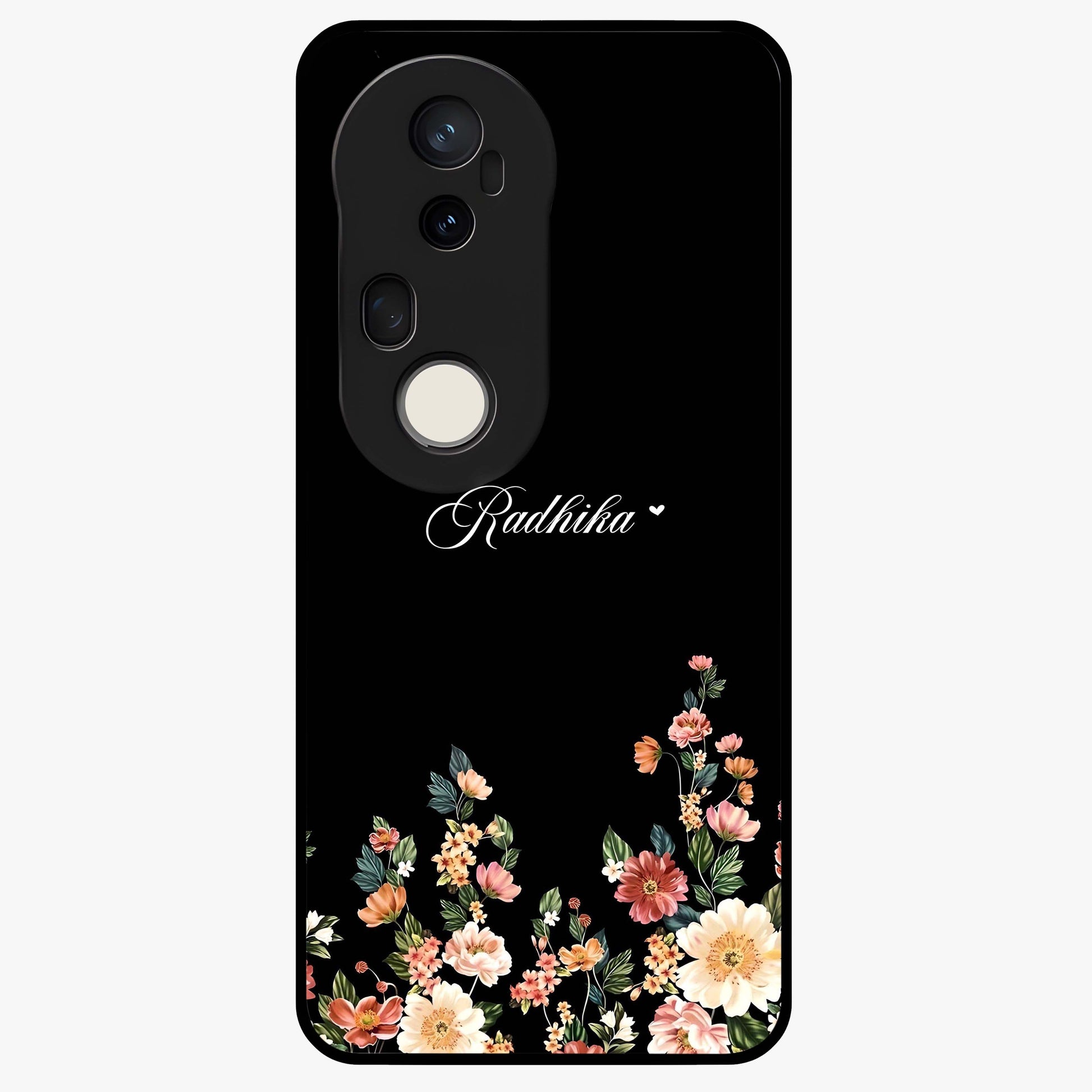 Floral Design With a Custom Personalized Name Glass Case showing flat back view with floral artwork and personalized name design.