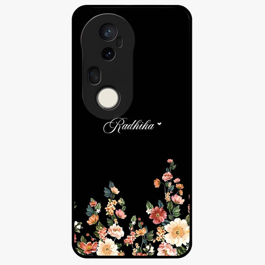 Floral Design With a Custom Personalized Name Glass Case showing flat back view with floral artwork and personalized name design.