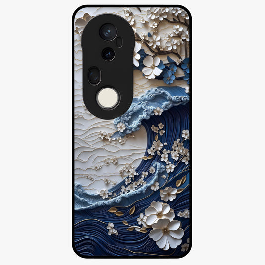 Floral Wave Origami Glass Case showing flat back view with origami inspired floral wave artwork and glossy glass finish.