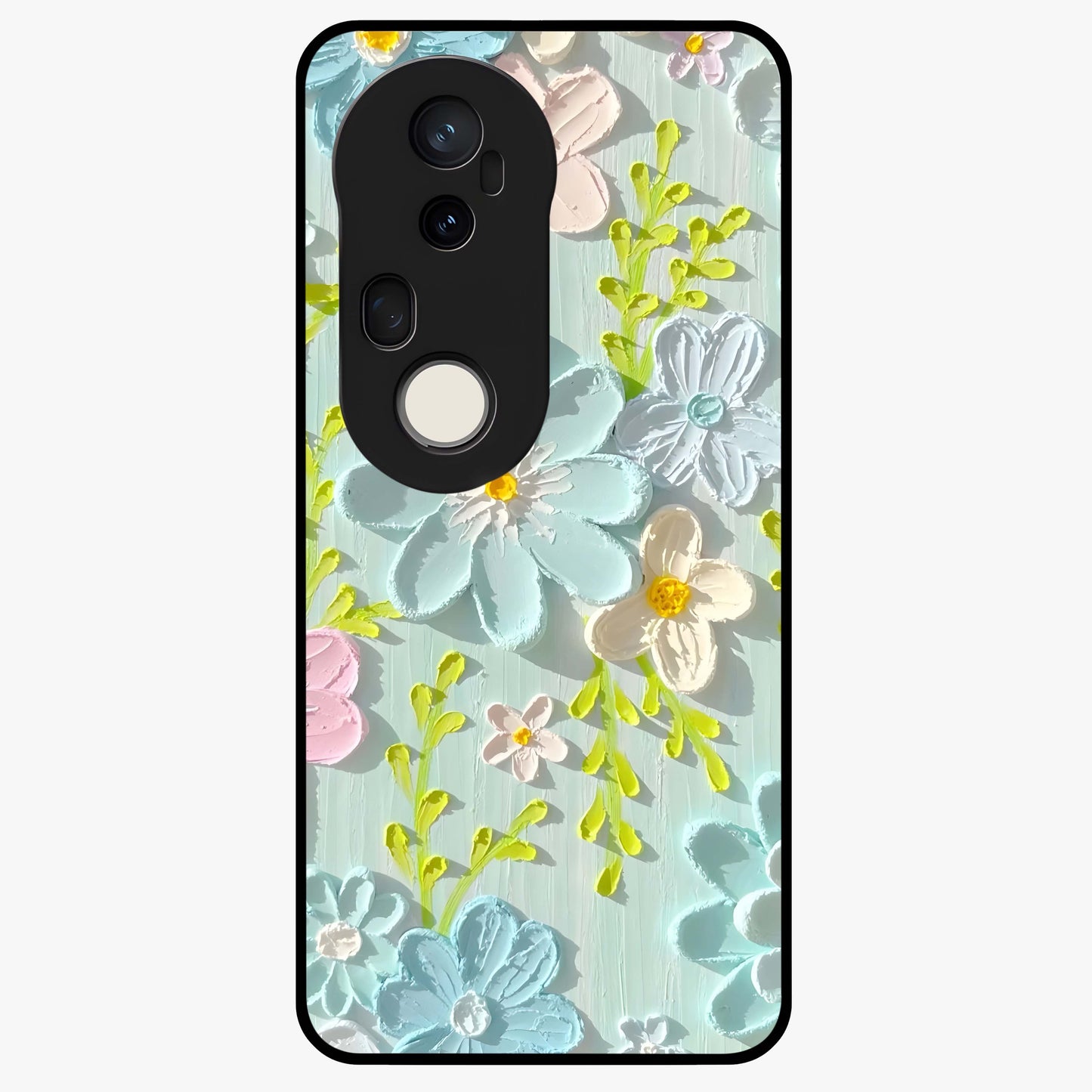 Frosted Petal Garden Glass Case showing flat back view with soft frosted floral artwork and glossy glass finish.