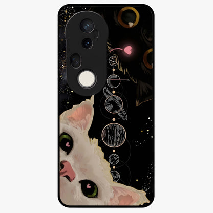 Galactic Cat Glass Case showing flat back view with cosmic cat artwork and glossy glass finish.