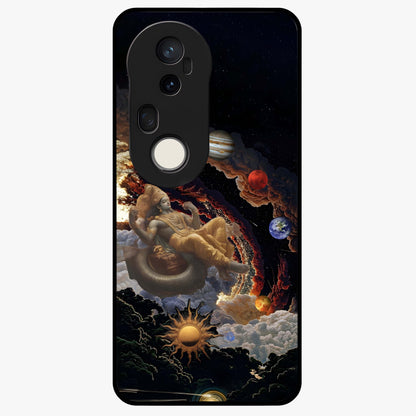 Galactic Divine God Glass Case showing flat back view with divine cosmic themed artwork and glossy glass finish.