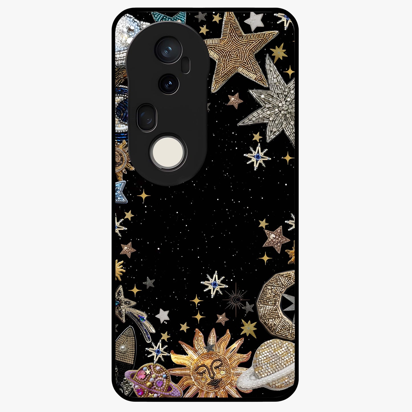 Galactic Jewel Stars Glass Case showing flat back view with sparkling star jewel artwork and glossy glass finish.