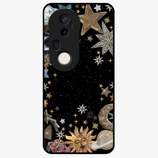 Galactic Jewel Stars Glass Case showing flat back view with sparkling star jewel artwork and glossy glass finish.