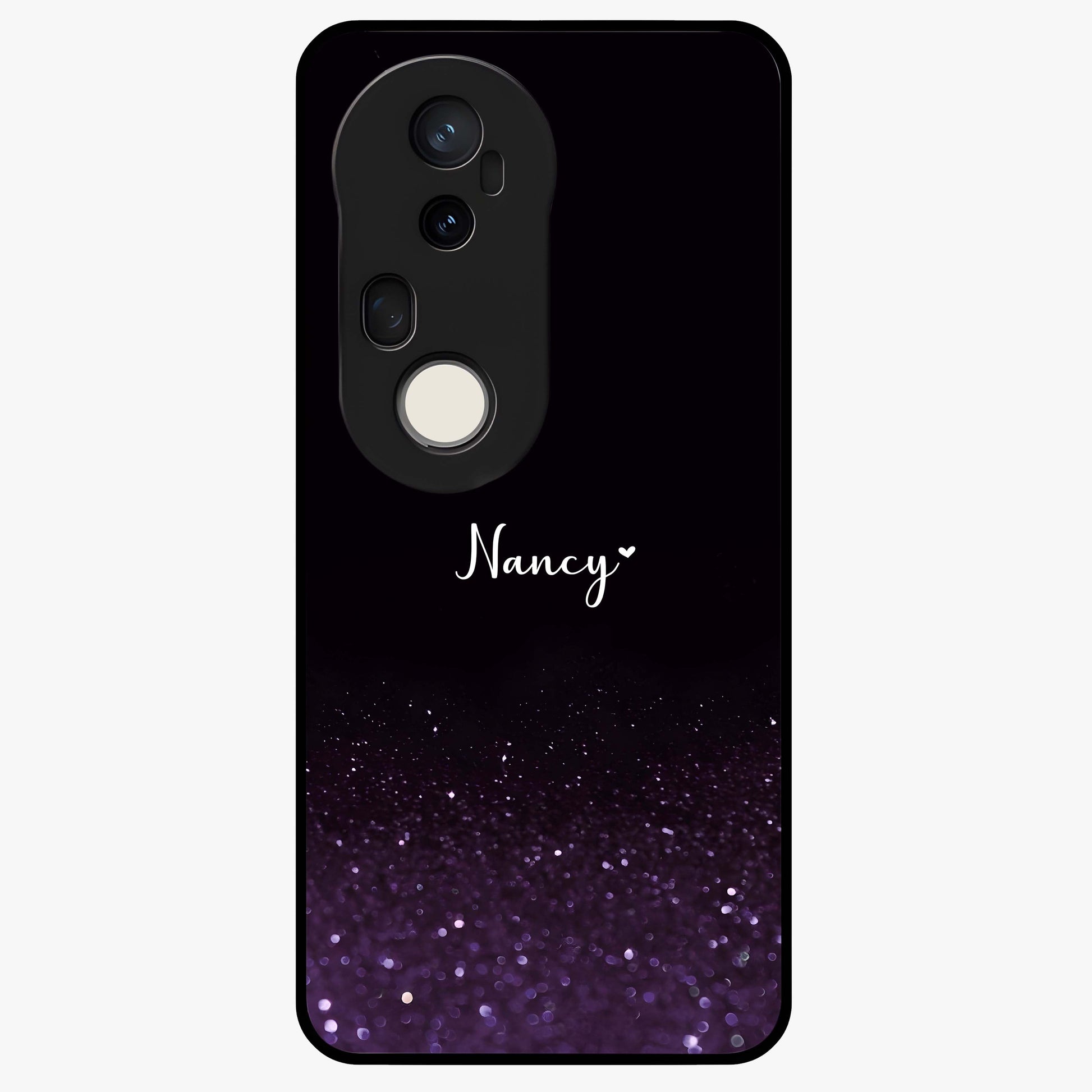 Glittery Purple Bokeh Custom Name Glass Case showing flat back view with purple bokeh sparkle artwork and personalized name design.