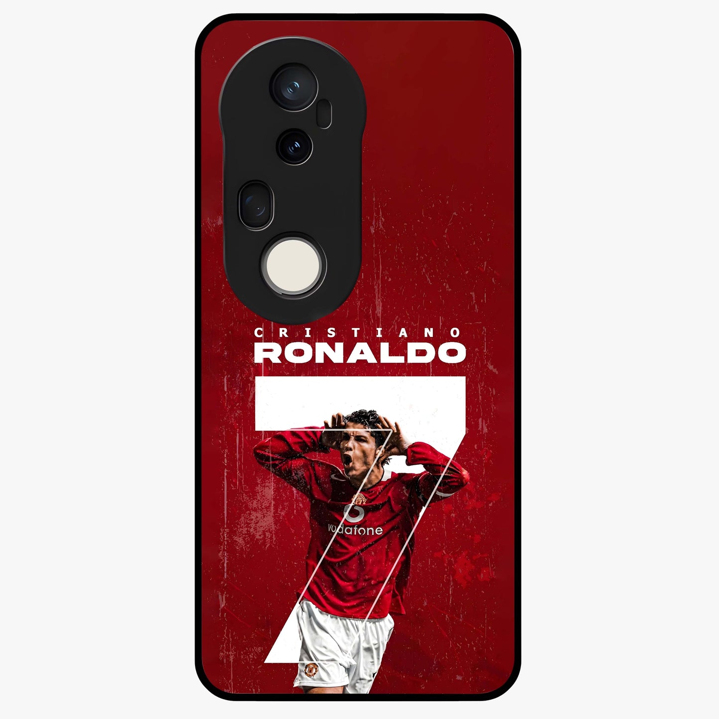 Goal Celebration Legacy Glass Case showing flat back view with football celebration inspired artwork and glossy glass finish.