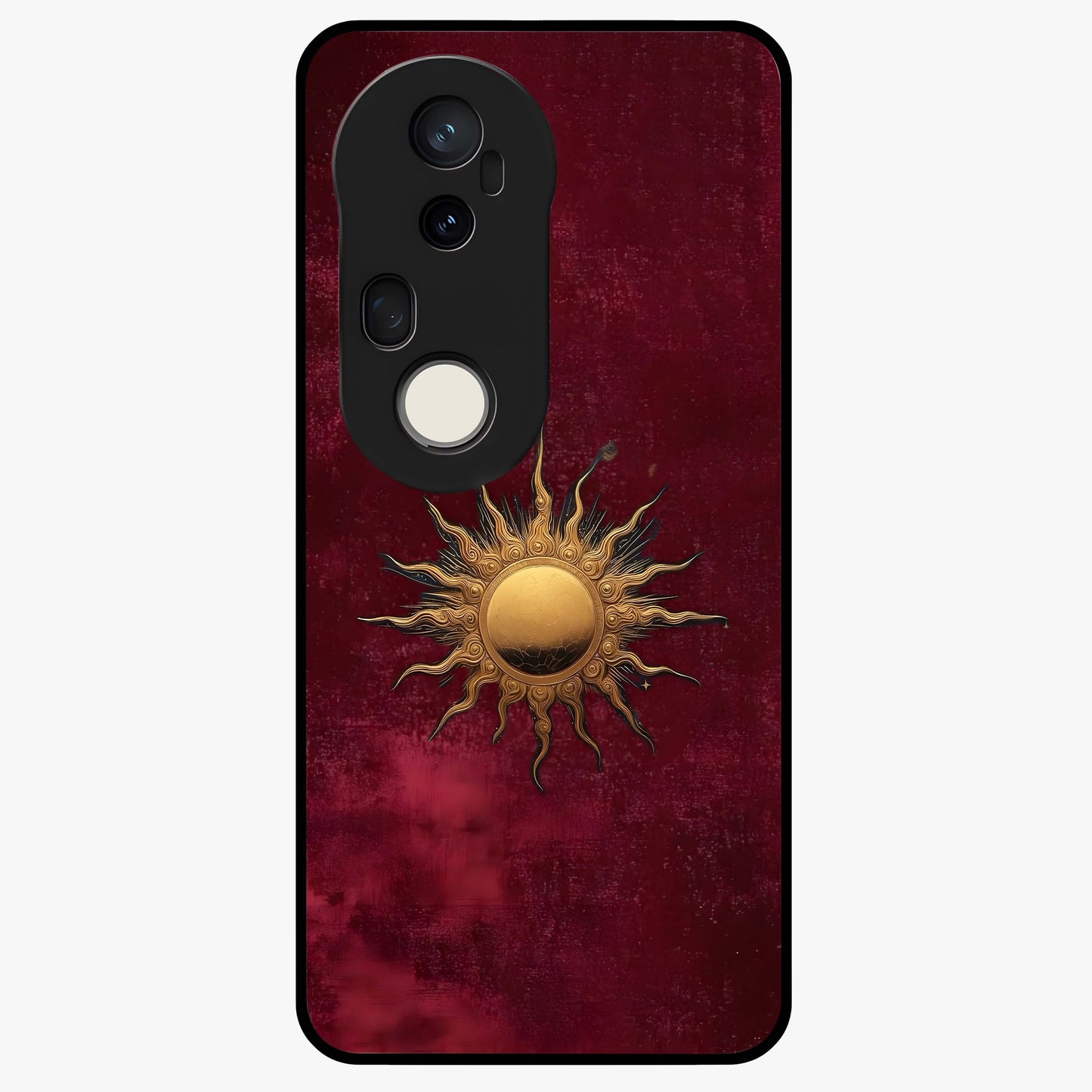 Gold Sun Blush Glass Case showing flat back view with golden sun inspired artwork and glossy glass finish.