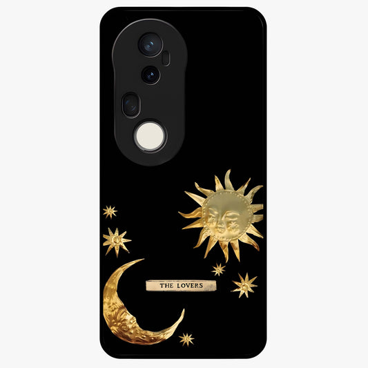 Golden Celestial Charm Glass Case showing flat back view with golden celestial charm artwork and glossy glass finish.
