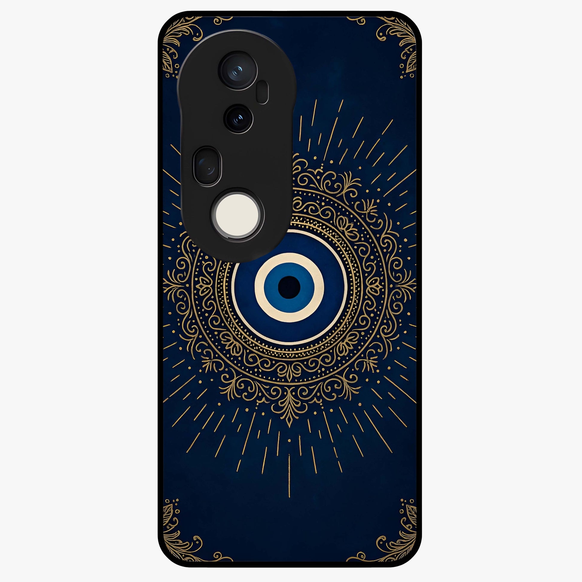 Golden Evil Eye Mandala Glass Case showing flat back view with intricate evil eye mandala artwork and glossy glass finish.