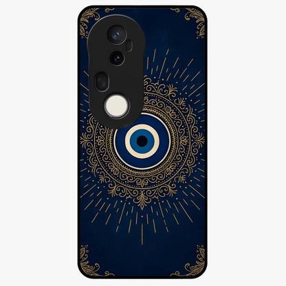 Golden Evil Eye Mandala Glass Case showing flat back view with intricate evil eye mandala artwork and glossy glass finish.