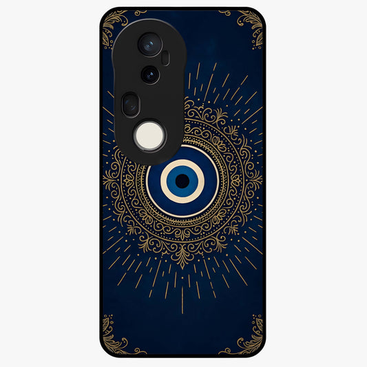 Golden Evil Eye Mandala Glass Case showing flat back view with intricate evil eye mandala artwork and glossy glass finish.
